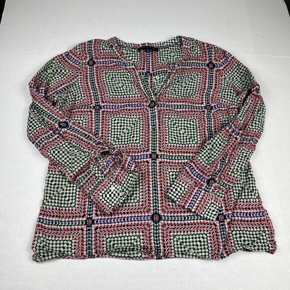 Tommy Hilfiger Blouse Colorful Print Top Long Sleeve V-Neck Preppy Shirt LARGE - Picture 1 of 12